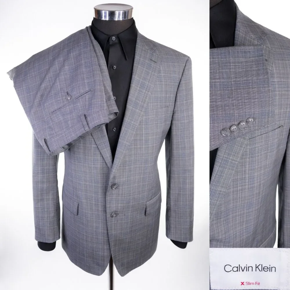 Calvin Klein 2-Pcs Plaid Gray Wool Suit Jacket Blazer 46R Pants 42X28 2-Button